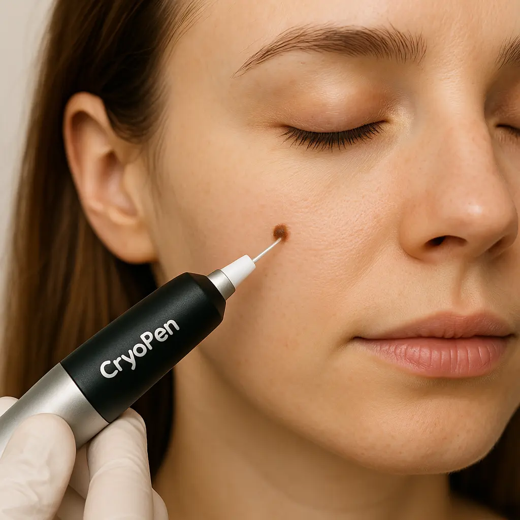 woman receiving facial mole removal Virginia Water using cryopen 