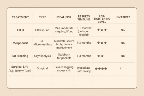 Table showing the comparisons of Skin tightening Virginia Water treatment options.